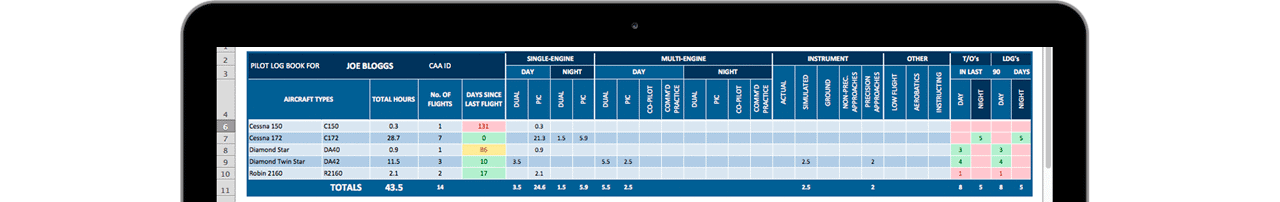 pilot excel logbook