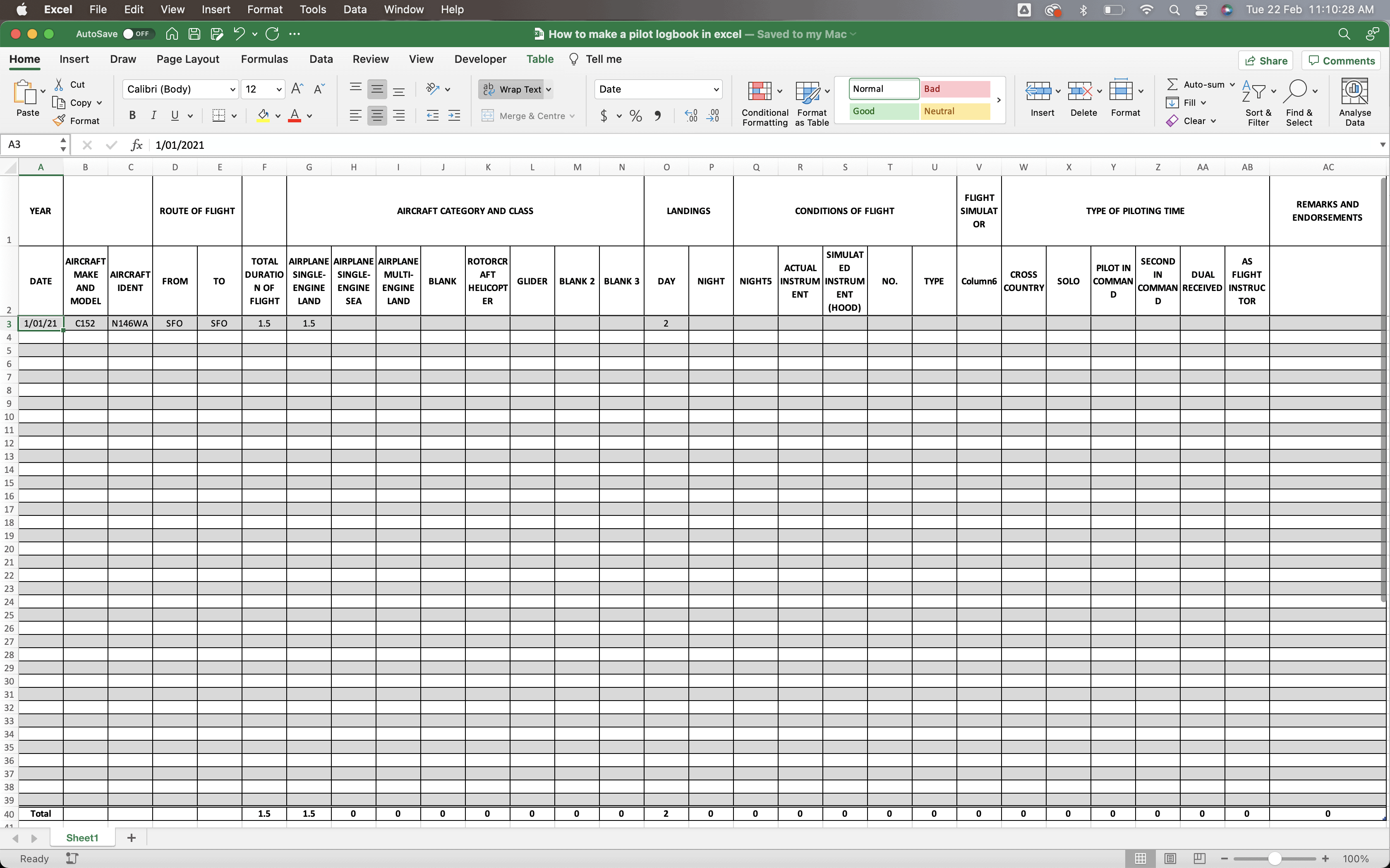 excel logbook for pilots