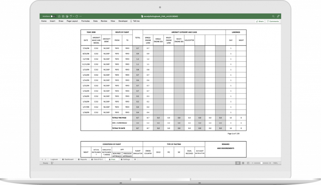 how to print a pilot logbook excel